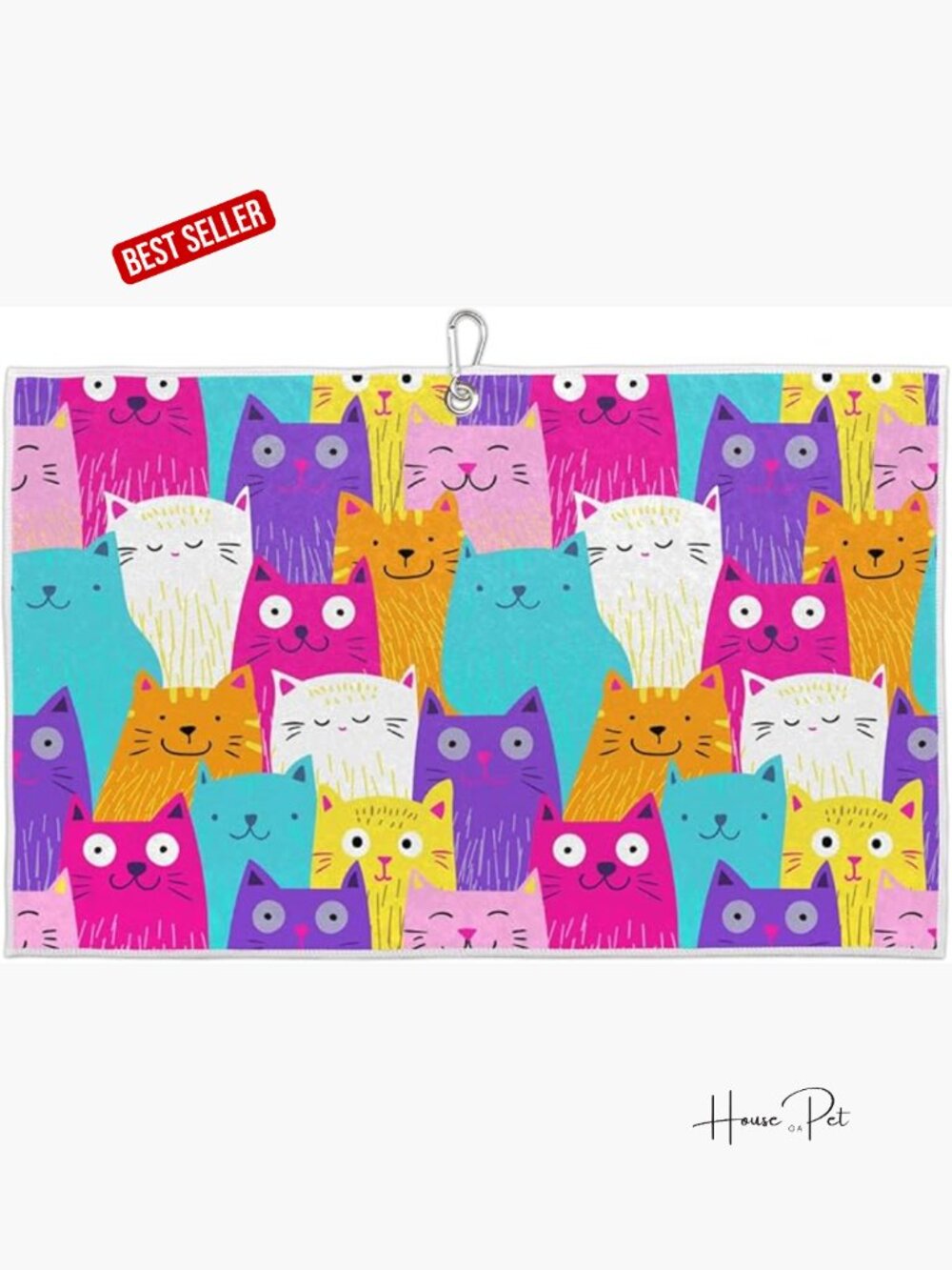 Colorful Cat Golf Towel with Clip 15x24in Microfiber Absorbent Quick Dry